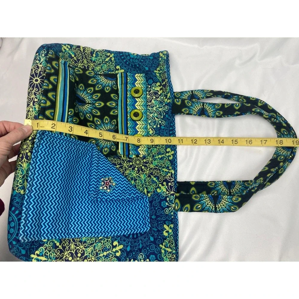 Handmade Peacock-Pattern Quilted Tote Bag – Blue/Green‎ Fabric – 13" x 5" x 10" - Picture 10 of 11